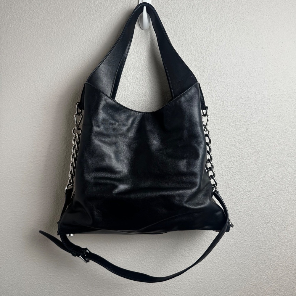 Michael Kors Devon Large Hobo Bag Black Leather Silver Chain Shoulder Handbag